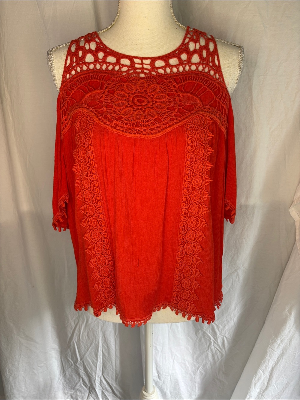 Orange Crochet Yoke Cold-Shoulder Women’s Top
